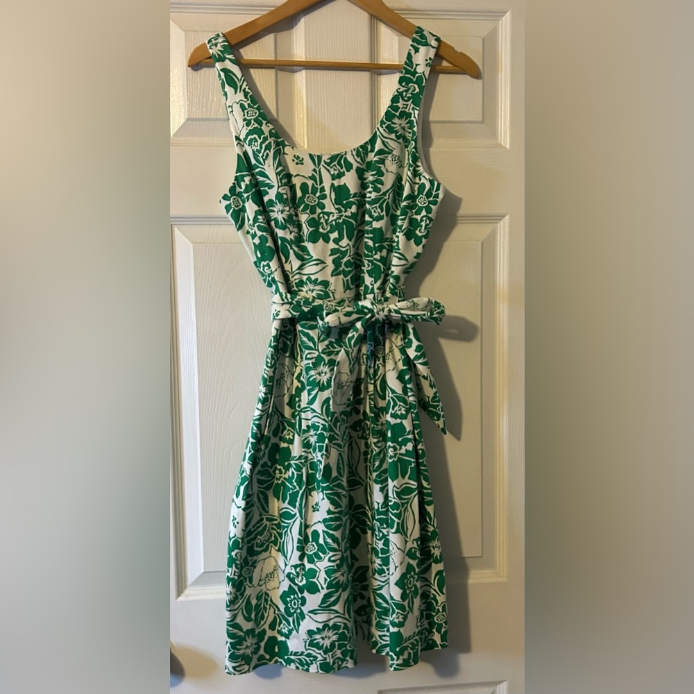 Anne Klein Green & White floral cottage core midi dress scoop neck zips SZ 6